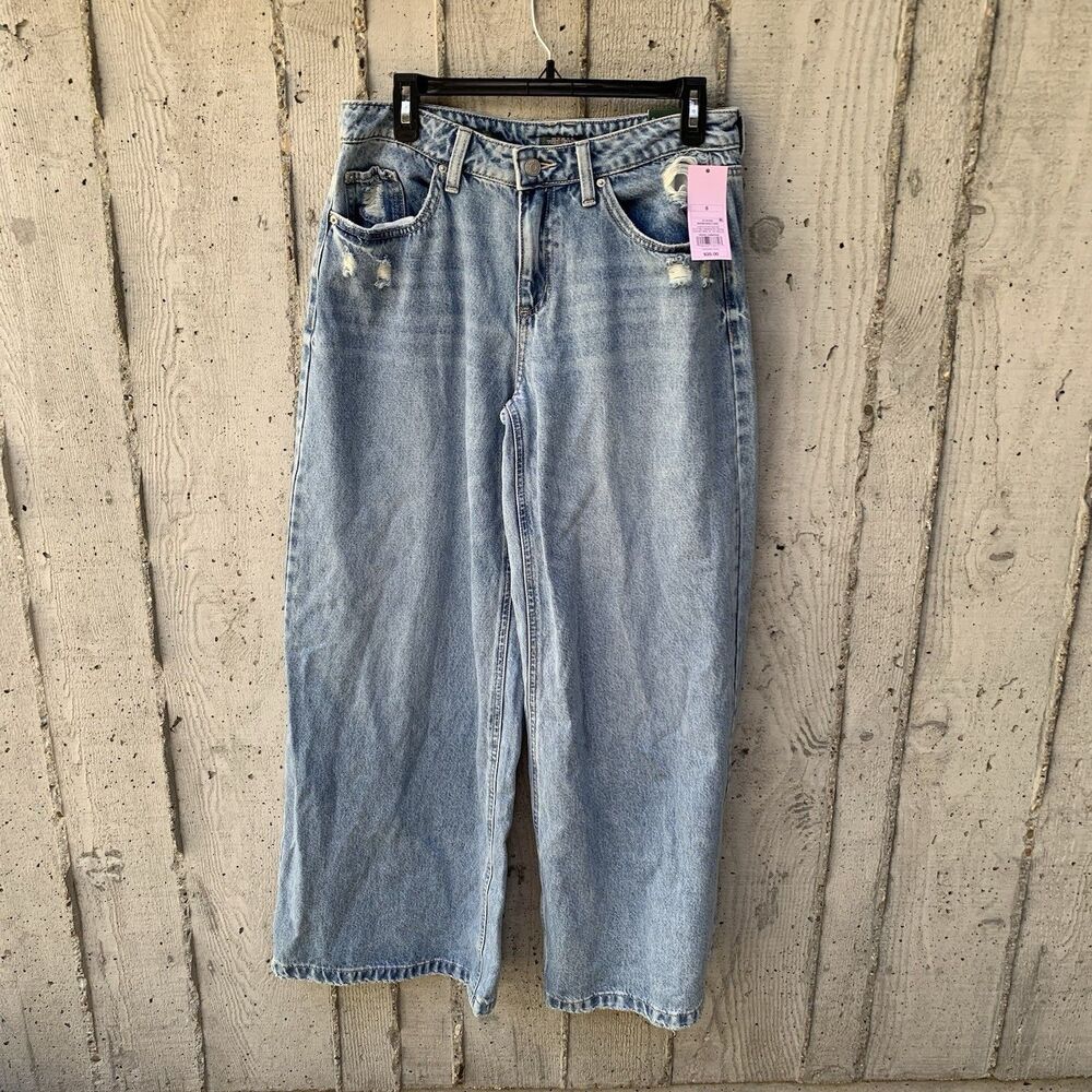 NWT Wild Fable Mid-Rise Ultra Wide Leg Jean Rigid Denim Distressed Medium Wash 8